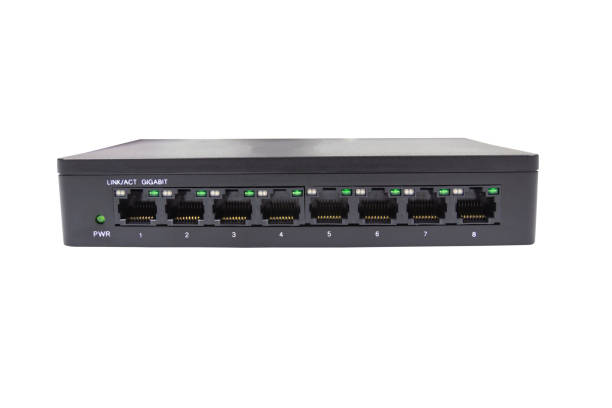 istock Black switch 8 port gigabit isolated white background device 1175414183