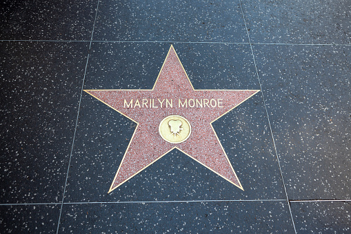 Close up view of Marilyn Monroe star at Walk of Fame in Hollywood Boulevard, Los Angeles, California, USA