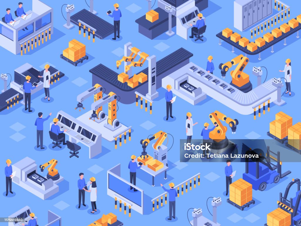 Isometric smart industrial factory. Automated production line, automation industry and factories engineer workers vector illustration Isometric smart industrial factory. Automated production line, automation industry and factories engineer workers. Industrial manufacturing teamwork innovation technology vector illustration Factory stock vector