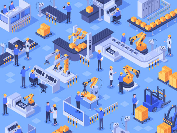 Isometric smart industrial factory. Automated production line, automation industry and factories engineer workers vector illustration Isometric smart industrial factory. Automated production line, automation industry and factories engineer workers. Industrial manufacturing teamwork innovation technology vector illustration isometric projection illustrations stock illustrations