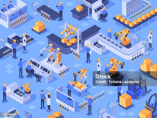 Isometric Smart Industrial Factory Automated Production Line Automation Industry And Factories Engineer Workers Vector Illustration Stock Illustration - Download Image Now