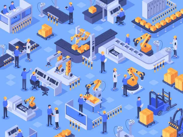 Vector illustration of Isometric smart industrial factory. Automated production line, automation industry and factories engineer workers vector illustration