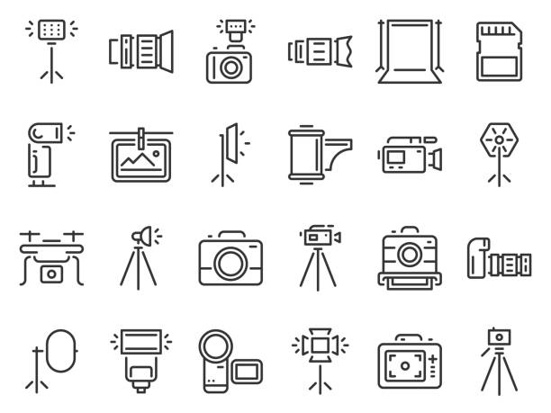 Outline photo icons. Photography studio light, film cameras and camera on tripod line icon vector set Outline photo icons. Photography studio light, film cameras and camera on tripod line. Photo lens technology, different digital and vintage cam pictogram. Isolated icon vector set light line pictures stock illustrations