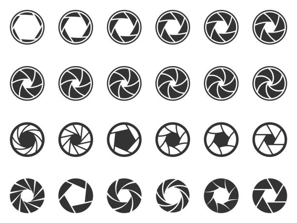 kamera-objektiv-membran. fotolinsen blende, kameras shutter silhouette symbol und shutter-aperturen piktogramm vektor-symbole gesetzt - silhouette photographer photographing photograph stock-grafiken, -clipart, -cartoons und -symbole