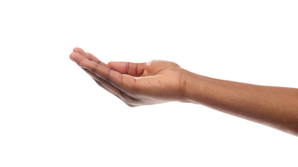istock Black woman's hand keeping empty cupped palm on white background. 1175415612