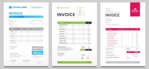 Business invoice form template. Invoicing quotes, money bills or price invoices and payment agreement design templates vector set Business invoice form template. Invoicing quotes, money bills or price invoices and payment agreement design templates. Tax form, bill graphic or payment receipt page vector set financial bill stock illustrations