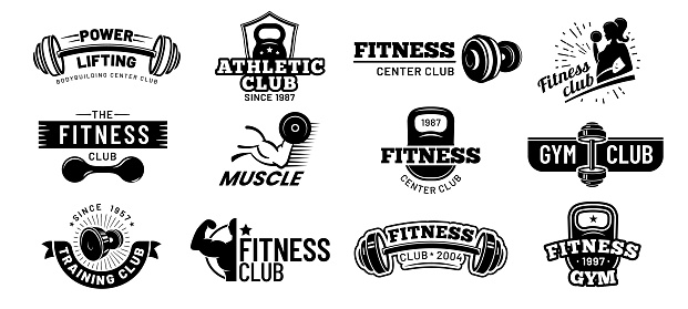 Gym badges. Bodybuilding stencil label, fitness monochrome silhouette badge and athlete muscles. Bodybuilding iron stamp, hipster athletic signs. Isolated vector illustration symbols set