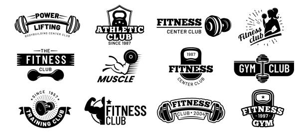 Gym badges. Bodybuilding stencil label, fitness monochrome silhouette badge and athlete muscles vector illustration set Gym badges. Bodybuilding stencil label, fitness monochrome silhouette badge and athlete muscles. Bodybuilding iron stamp, hipster athletic signs. Isolated vector illustration symbols set gym silhouettes stock illustrations