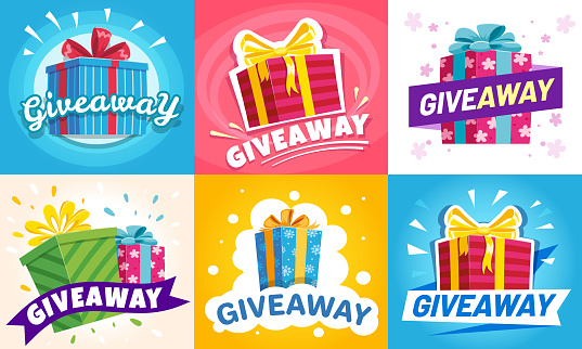 Giveaway winner poster. Gift offer banner, giveaways post and gifts prize flyer. Quiz posters, contest announcement or media event post vector illustration set