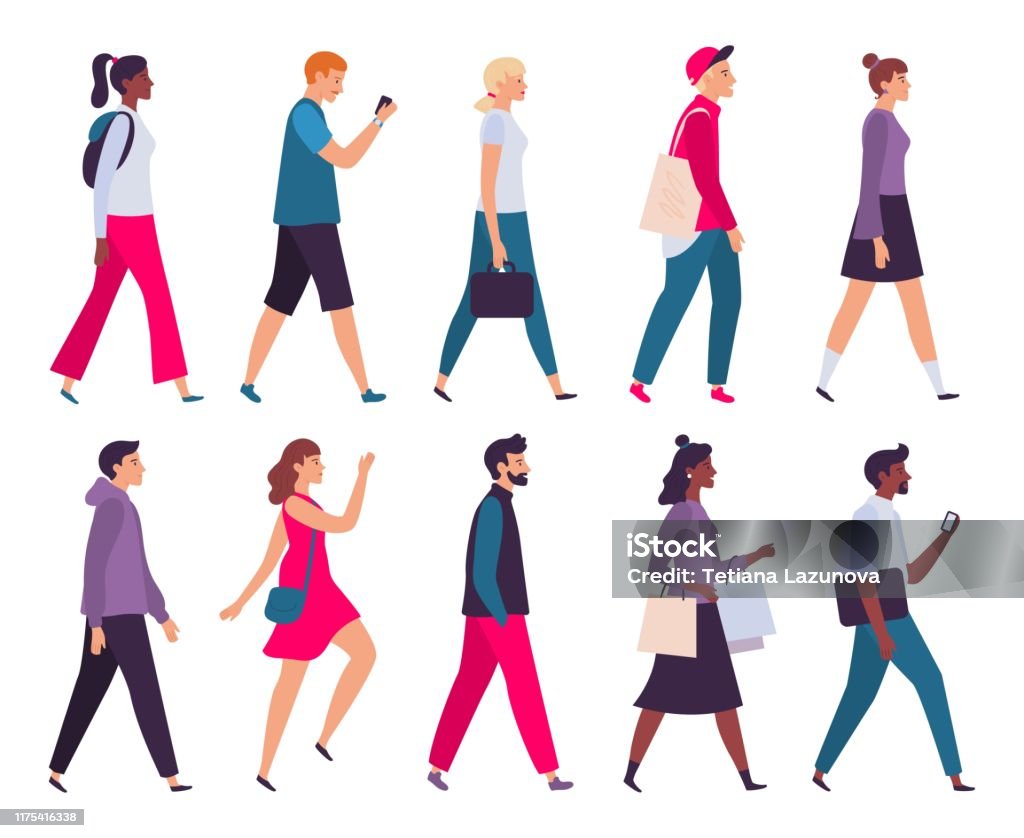 Gente que camina. Perfil de hombres y mujeres, vista lateral persona de paseo y caminantes personajes juego de ilustración vectorial - arte vectorial de Andar libre de derechos