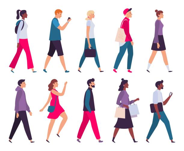 Walking people. Men and women profile, side view walk person and walkers characters vector illustration set Walking people. Men and women profile, side view walk person and walkers characters. Businessman go work or casual look women go shopping. Isolated vector illustration icons set crowd of people symbols stock illustrations