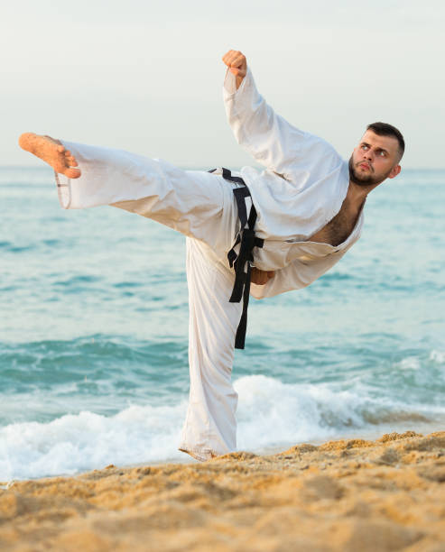istock Male practising karate kata poses 1175416745