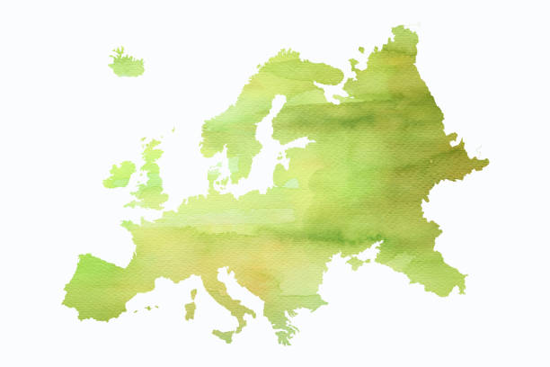 Map of Europe outline painted with watercolor paints A sketch of the map of Europe painted with watercolor paints in green on a white background. mapa stock illustrations