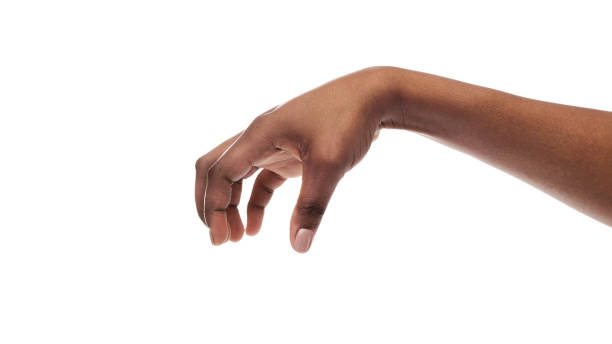 istock Black woman's hand making grab gesture, isolated on white background. 1175424219