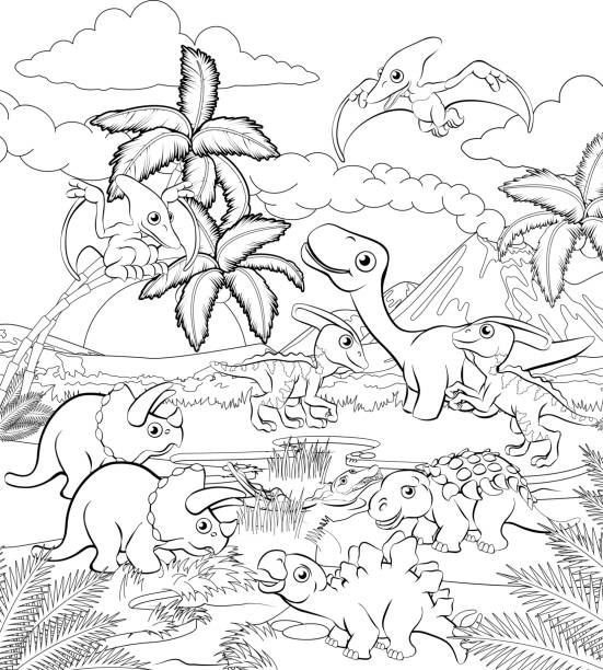 bildbanksillustrationer, clip art samt tecknat material och ikoner med dinosaur cartoon förhistoriska landskap scen - krita mesozoikum