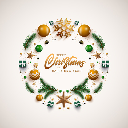 Merry Christmas and happy new year greeting card. Christmas wreath design with festive Christmas decoration ornaments and objects. Vector illustration.