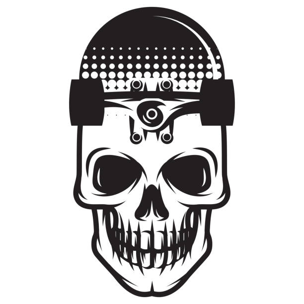 Vector monochrome illustration with united skate with skull Vector monochrome illustration with united skate with skull. skateboard tattoo stock illustrations