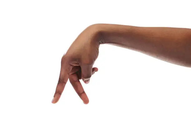 Photo of Black woman hand walking with fingers isolated on white background