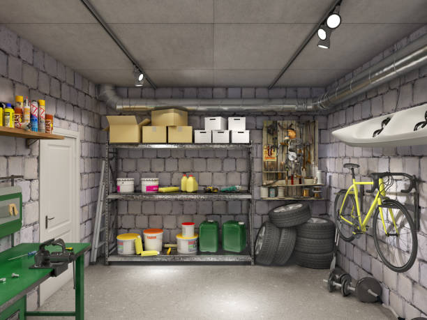 istock Garage interior with marble tiles and car components, 3d illustration 1175432907