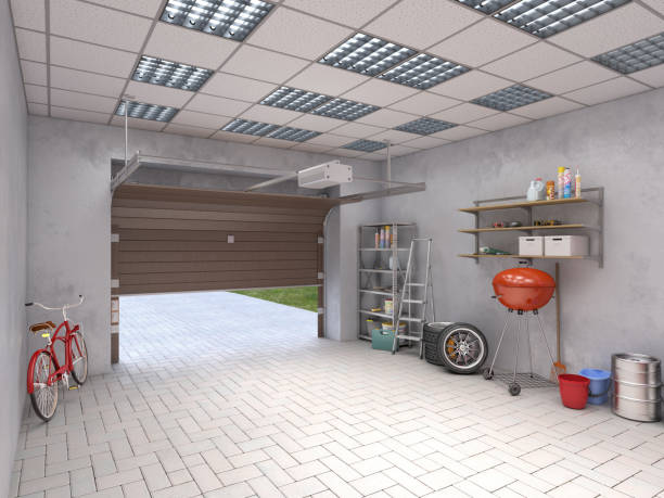 istock Large garage with brown marble tiles, 3d illustration 1175433024