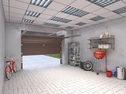 Large garage with brown marble tiles, 3d illustration