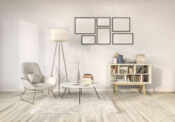 istock Reading zone, white wall, white wooden floor,books, 3d illustration 1175433036