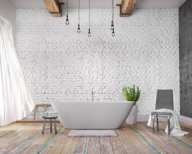 istock Bathroom, window, wooden floor, white wall, 3d illustration 1175433049