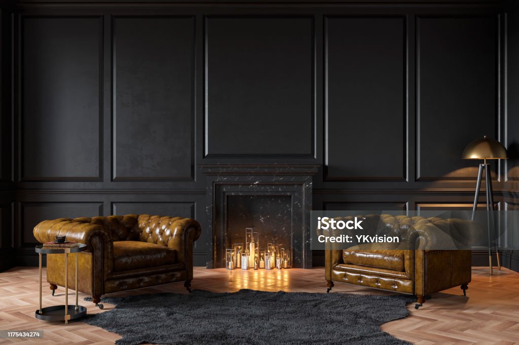 Black classic interior with fireplace, leather armchairs, carpet, candles. 3d render illustration mockup. Luxury Stock Photo