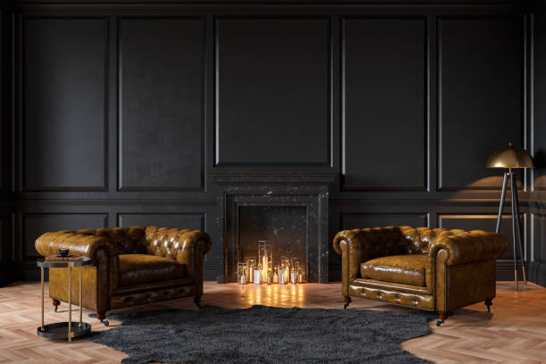 Black classic interior with fireplace, leather armchairs, carpet, candles. 3d render illustration mockup. Black classic interior with fireplace, leather armchairs, carpet, candles. 3d render illustration mockup. leather couch stock pictures, royalty-free photos & images