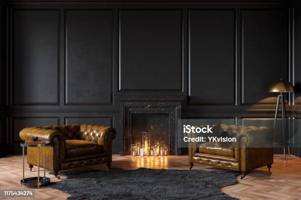 Black Classic Interior With Fireplace Leather Armchairs Carpet Candles 3d Render Illustration Mockup Stock Photo - Download Image Now