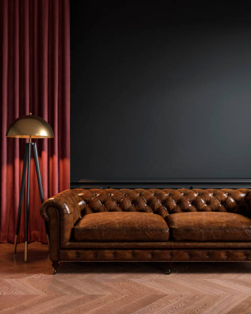 istock Black classic loft interior with leather sofa, floor lamp, curtain and wood floor. 3d max interior mockup. 1175434302