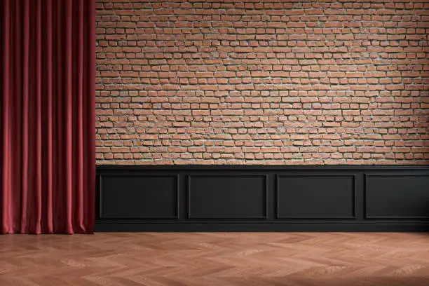 Loft empty interior with brickwall, red curtain, moldings and wooden floor. 3d render illustration mockup.