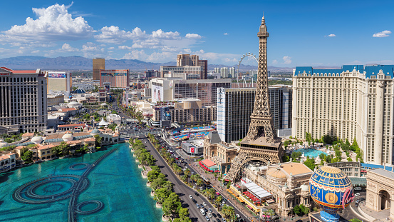 Las Vegas strip skyline as seen at sunny day on July 2, 2019 in Las Vegas, Nevada. Las Vegas is one of the top tourist destinations in the world.