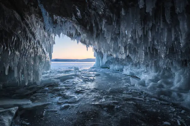 Baikal lake frozen, in winter, siberia Russia.