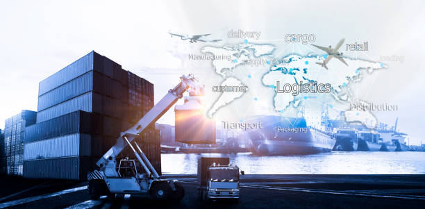 istock World map with logistic network distribution on background. Logistic and transport concept in front Logistics Industrial Container Cargo freight ship for Concept of fast or instant shipping, Online goods orders worldwide 1175435680