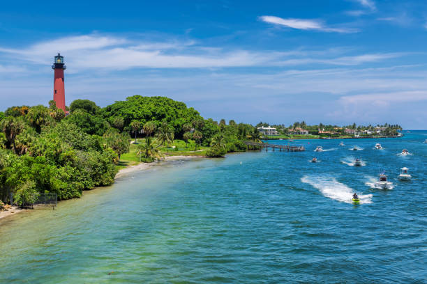 Jupiter Florida Inlet lighthouse Beautiful view of the West Palm Beach County and Jupiter lighthouse at sunny summer day, Florida inlet photos stock pictures, royalty-free photos & images