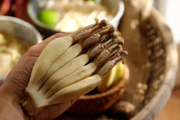 Close up prepare ingredients for vegan food  from banana flower, woman hand take young bananas, soaked in lemon water, this blossom can make many vegetarian dish, healthy eating with fiber