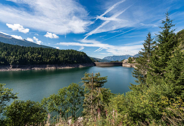 lago di paneveggio - see mit mutter - trentino südtirol italien - larch tree stone landscape sky stock-fotos und bilder