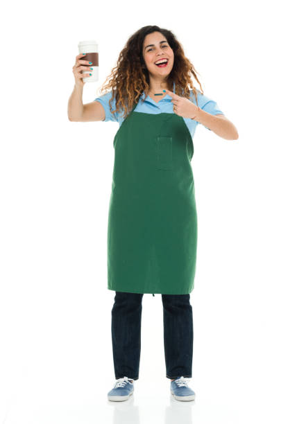 full length / one person of 30-39 years old adult beautiful puerto rican ethnicity / latin american and hispanic ethnicity female / young women / one young woman only barista / with part-time job / presenter standing in front of white background - puerto rican ethnicity women smiling cheerful imagens e fotografias de stock