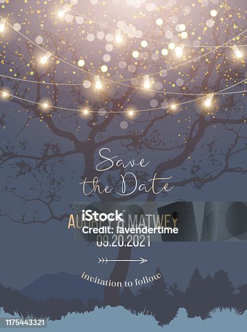 istock Night Christmas garden full of lights and snow vector design invitation frame 1175443321