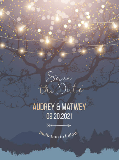 Night Christmas garden full of lights and snow vector design invitation frame Night Christmas garden full of lights and snow vector design invitation frame. Navy blue and golden wedding card.Party hanging lamp garlands. Gold stars and bokeh glow. Shining shimmer design. light through trees stock illustrations