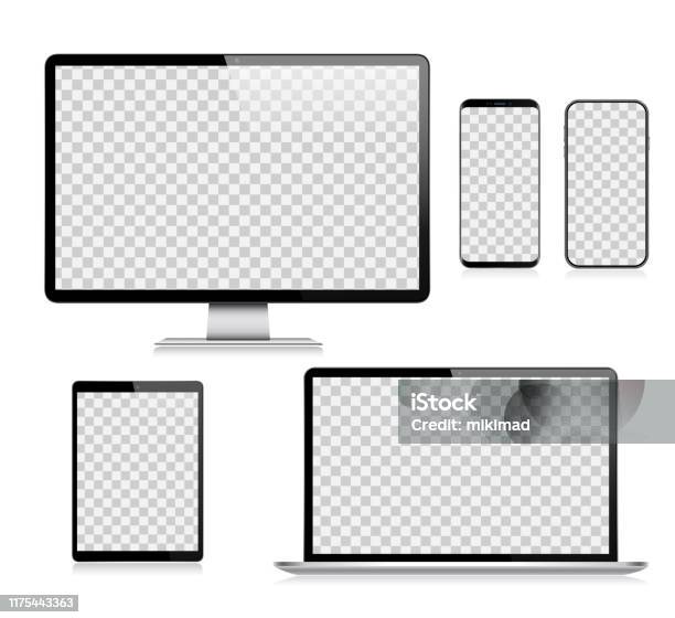 Realistic Vector Digital Tablet Mobile Phone Smart Phone Laptop And Computer Monitor Modern Digital Devices Stock Illustration - Download Image Now