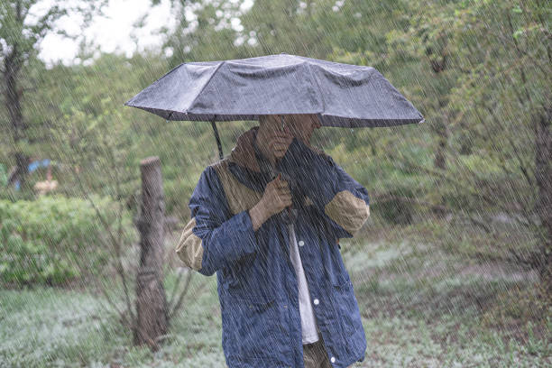 istock young man standing under the umbrella protect from heavy tropical rain in forest 1175444820