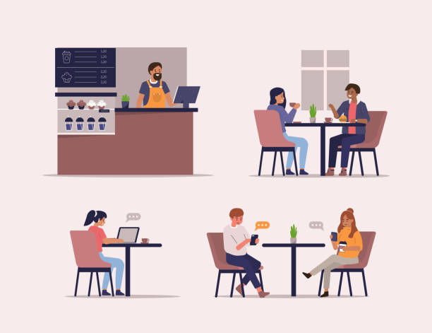 people in cafe Young People Characters Dinning and Working in Cafe. Barista standing at Counter. Woman and Man Talking and Drinking Coffee. Flat Cartoon Vector Illustrations Set. cafe bar counter stock illustrations