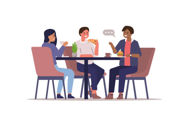 friends  in cafe Friends sitting in Cafe and Talking. Girl And Boys Drinking Coffee and Eating. Young People Characters spending Time Together. Flat Cartoon Vector Illustration. coffee drink illustrations stock illustrations