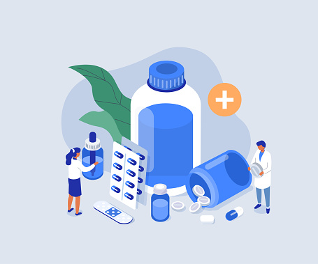 Doctor Pharmacist in Drugstore Standing near Medicine Pills and Bottles. Medical Staff  Choosing Medicaments. Pharmacy Store Concept. Flat Isometric Vector Illustration.