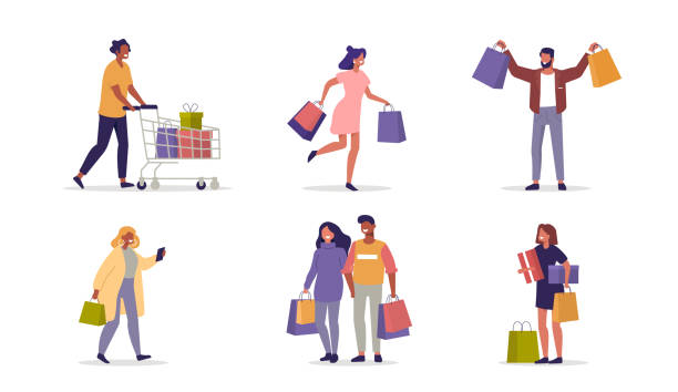 ilustraciones, imágenes clip art, dibujos animados e iconos de stock de gente de compras - shopping bag shopping retail bag