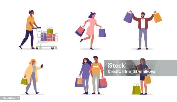 Ludzie Zakupy - Stockowe grafiki wektorowe i więcej obrazów Zakupy - Zakupy, Handel detaliczny, Ludzie