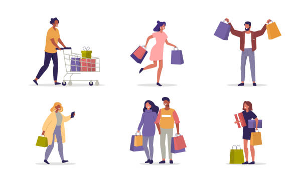 shopping people People Character holding Shopping Bags with Purchases. Woman and Man Customers Buying on Seasonal Sale in Store, Fashion Mall. Buyers Characters Collection. Flat Cartoon Vector Illustration. merchandise stock illustrations