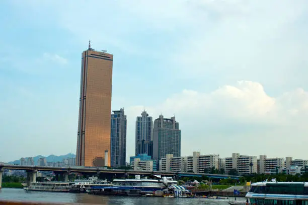 View to 63 building from the Hang river in Seoul in summer in South Korea